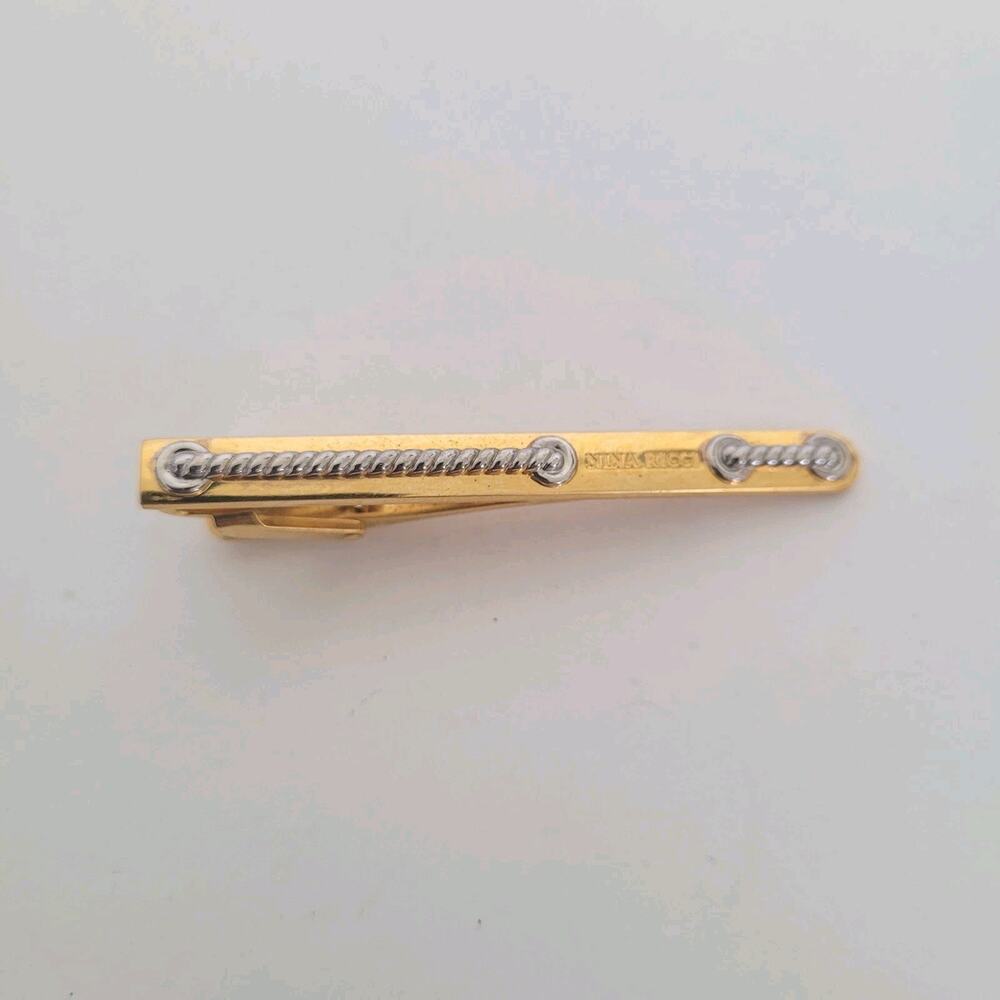 Nina Ricci Gold Silver Tone Tie Bar Clip‎ 2 Inch Logo Vintage Rope Clasp Germany